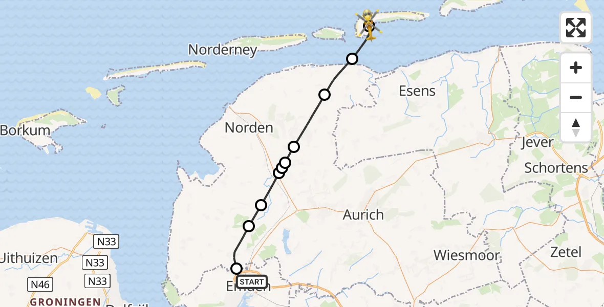 Flugroute Ambulanzhubschrauber Emden - Langeoog Flughafen, 30 Mai 2026, 11:25