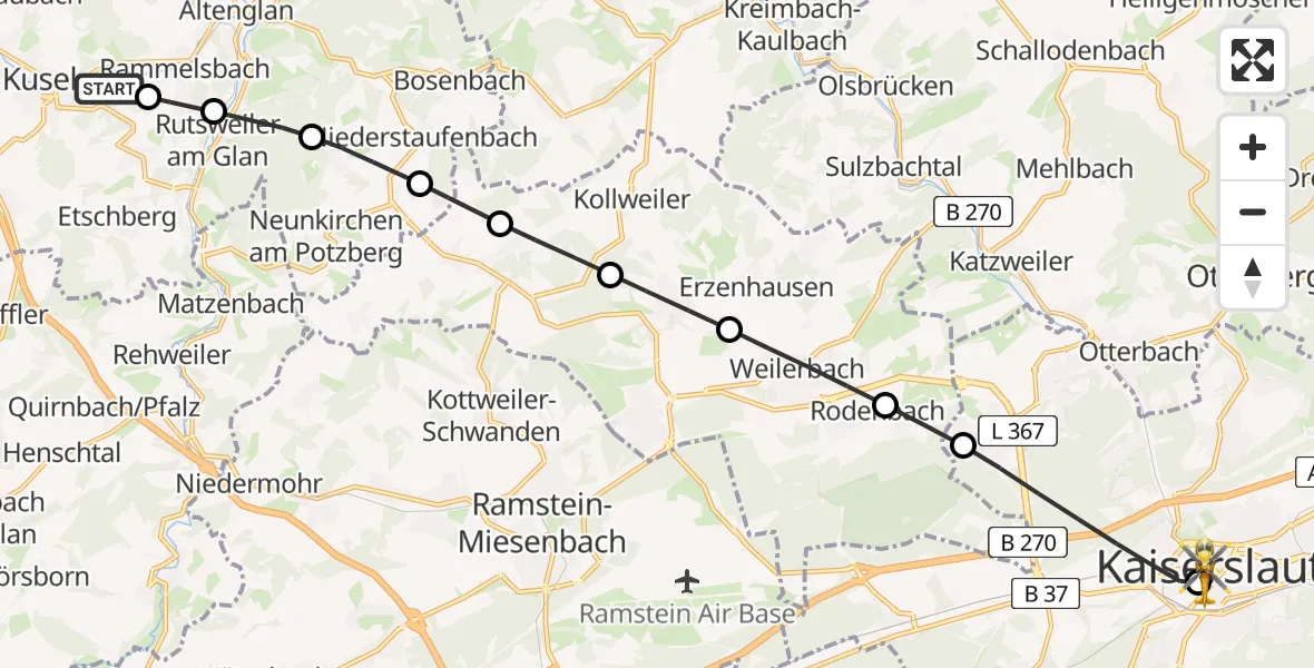 Flugroute Rettungshubschrauber Kusel - Westpfalz Hospital Kaiserslautern, 30 Mai 2026, 11:27