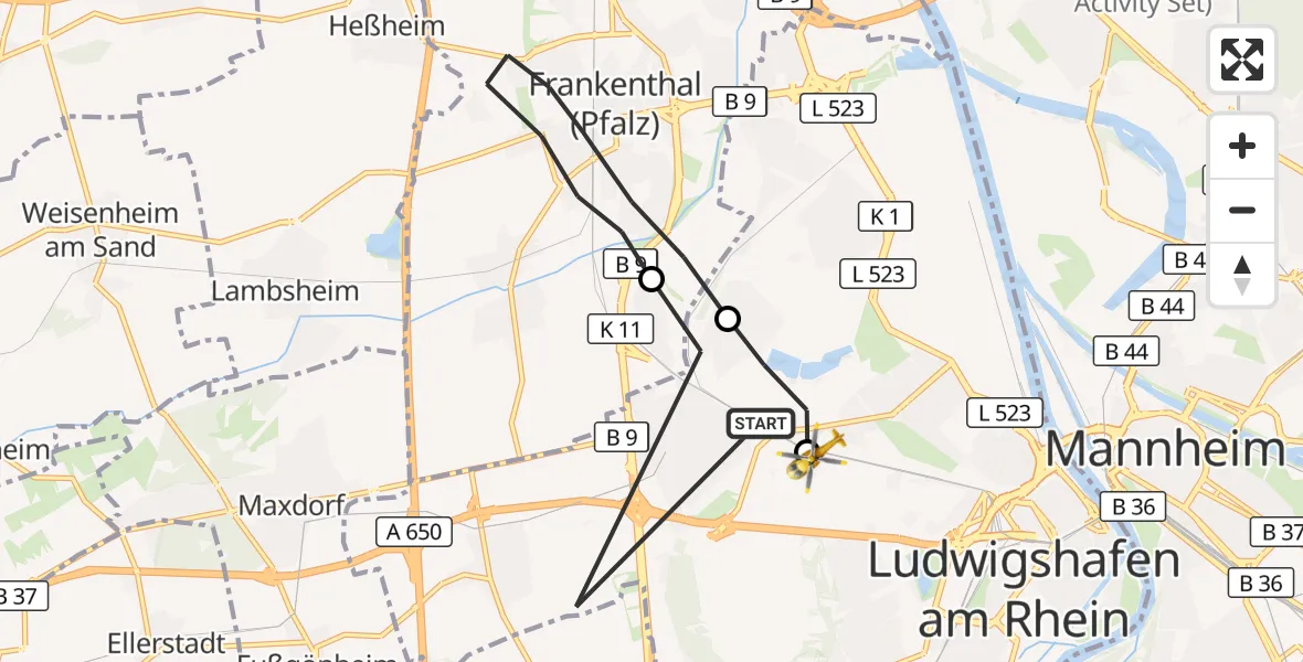 Flugroute Rettungshubschrauber Ludwigshafen am Rhein - Ludwigshafen Accident Hospital Hubschrauberlandeplatz, 30 Mai 2026, 11:29