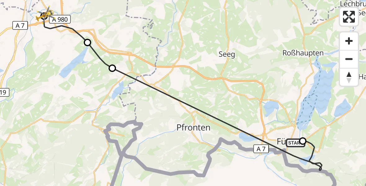 Flugroute Rettungshubschrauber Füssen - Kempten-Durach Flugplatz, 30 Mai 2026, 11:35