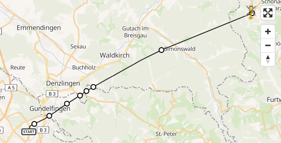 Flugroute Rettungshubschrauber Freiburg im Breisgau Flugplatz - Schonach im Schwarzwald, 30 Mai 2026, 11:38