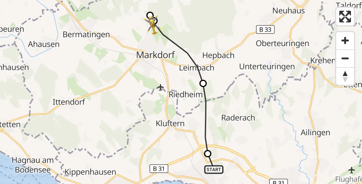 Flugroute Rettungshubschrauber Friedrichshafen Hospital - Markdorf, 30 Mai 2026, 11:55
