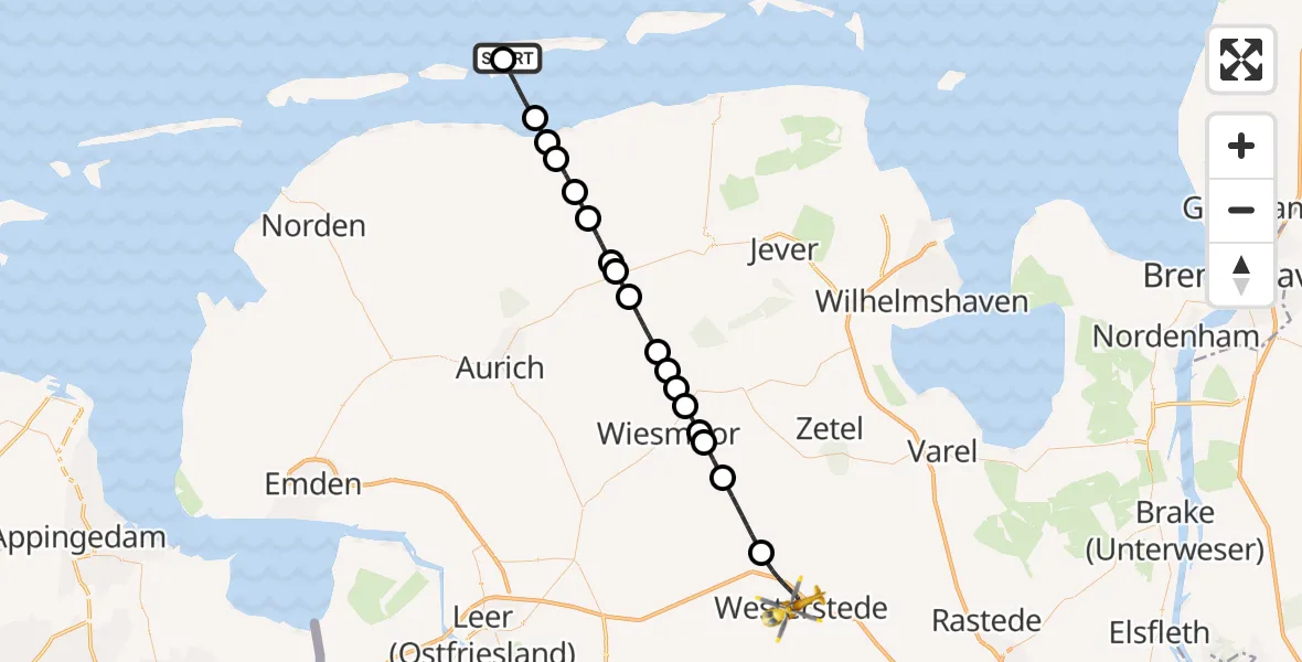 Flugroute Ambulanzhubschrauber Langeoog Flughafen - Westerstede, 30 Mai 2026, 11:57