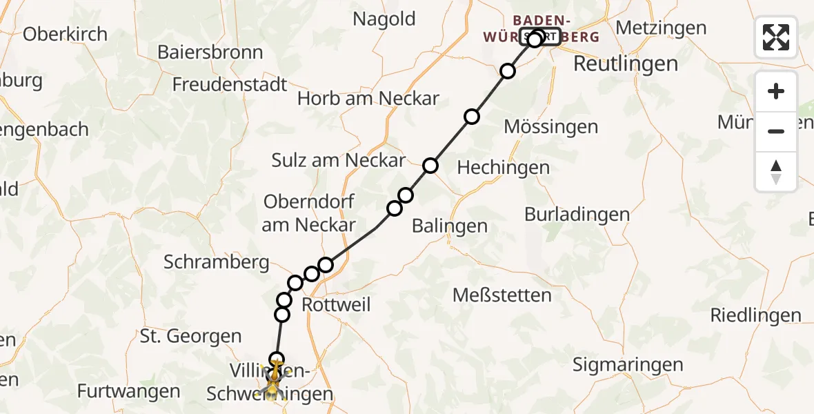 Flugroute Ambulanzhubschrauber Tübingen University Hospital - DRF Air Rescue Station Villingen-Schwenningen Hubschrauberlandeplatz (Christoph 11), 30 Mai 2026, 12:09