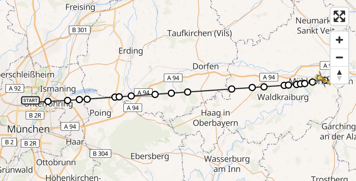 Flugroute Rettungshubschrauber München - Mühldorf am Inn Hospital, 30 Mai 2026, 12:09
