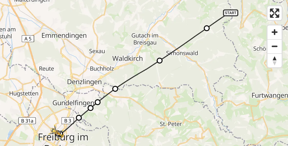 Flugroute Rettungshubschrauber Elzach - Freiburg University Hospital Heliport 1, 30 Mai 2026, 12:17