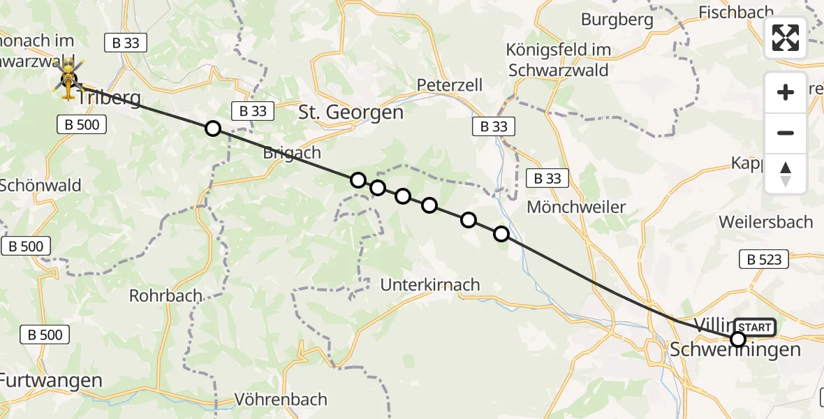 Flugroute Ambulanzhubschrauber DRF Air Rescue Station Villingen-Schwenningen Hubschrauberlandeplatz (Christoph 11) - Schonach im Schwarzwald, 30 Mai 2026, 12:35