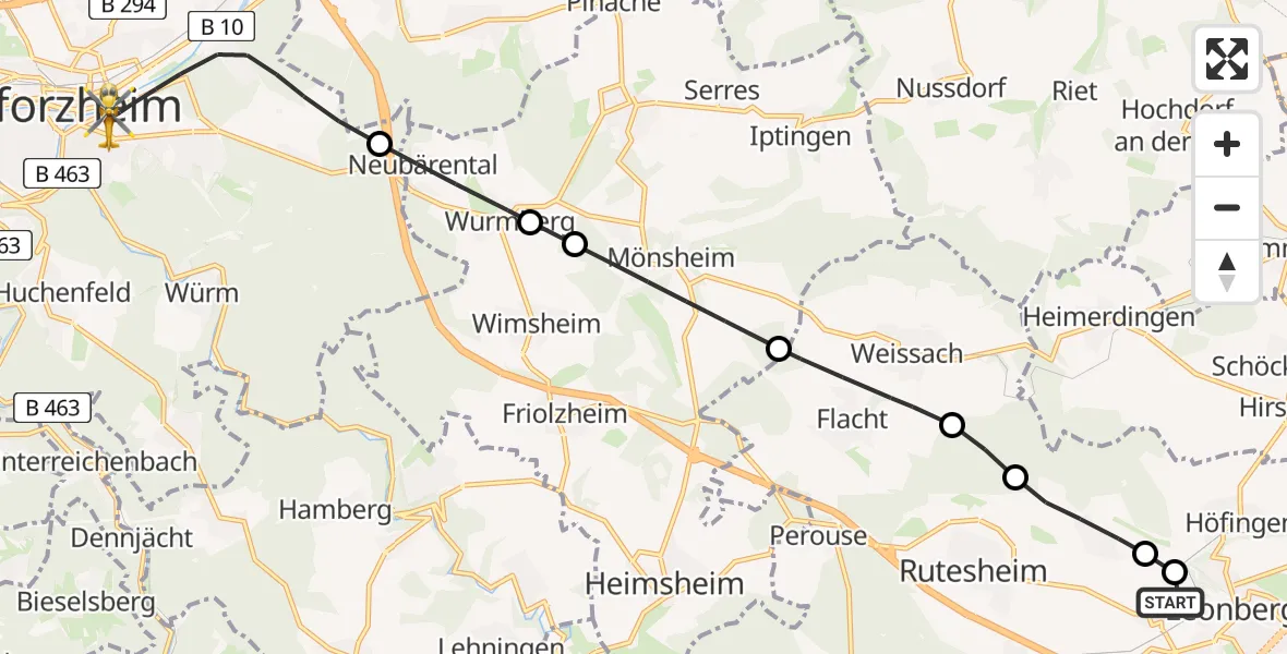 Flugroute Rettungshubschrauber Leonberg Hospital - Pforzheim, 30 Mai 2026, 13:09