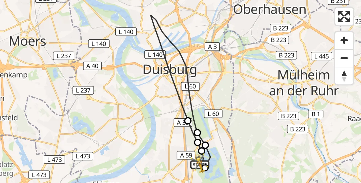 Flugroute Rettungshubschrauber Duisburg Air Rescue Hubschrauberlandeplatz (Christoph 9) - Duisburg Air Rescue Hubschrauberlandeplatz (Christoph 9), 30 Mai 2026, 13:12
