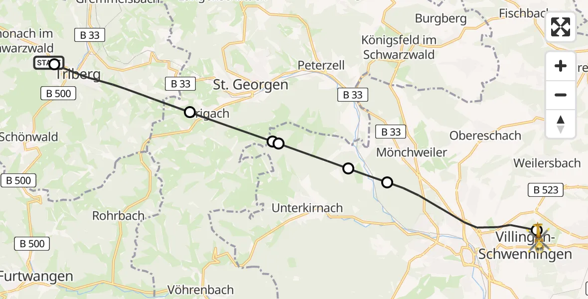 Flugroute Ambulanzhubschrauber Schonach im Schwarzwald - DRF Air Rescue Station Villingen-Schwenningen Hubschrauberlandeplatz (Christoph 11), 30 Mai 2026, 13:18