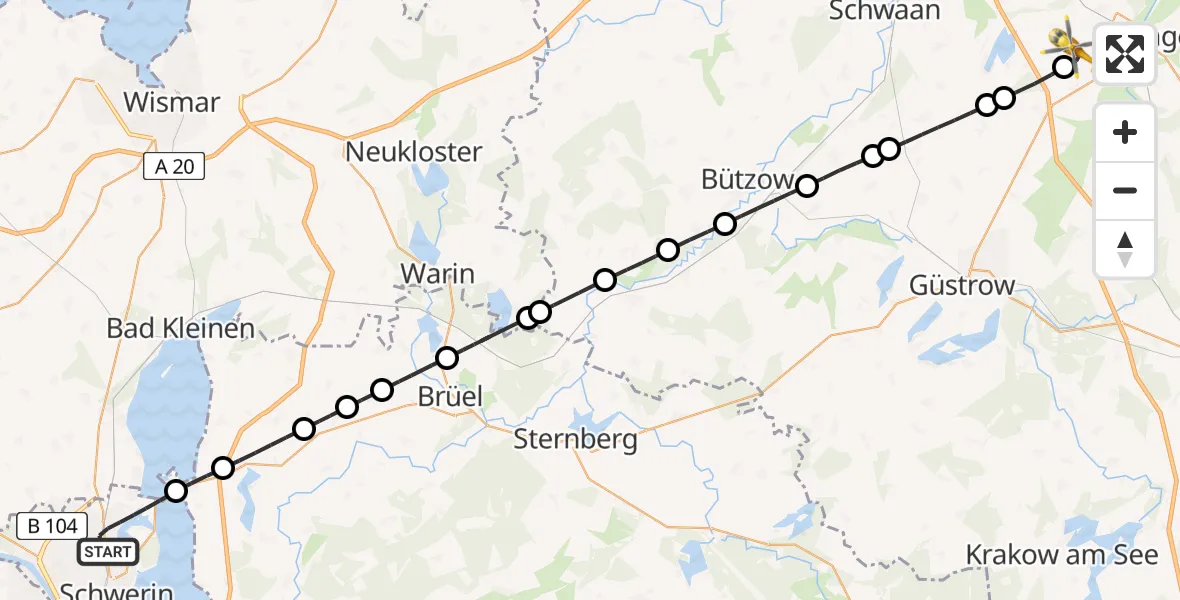 Flugroute Rettungshubschrauber Schwerin - Flughafen Rostock-Laage, 30 Mai 2026, 13:18