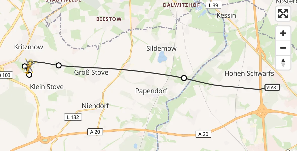 Flugroute Ambulanzhubschrauber Dummerstorf - Kritzmow, 30 Mai 2026, 13:20