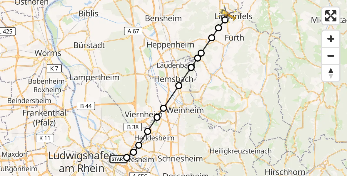 Flugroute Rettungshubschrauber Mannheim-City Flughafen - Lindenfels, 30 Mai 2026, 13:30