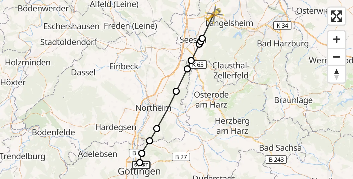 Flugroute Rettungshubschrauber Göttingen University Clinic Hubschrauberlandeplatz - Langelsheim, 30 Mai 2026, 13:33