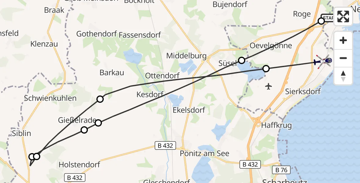 Flugroute Polizeihubschrauber Neustadt in Holstein - Sierksdorf, 30 Mai 2026, 13:37