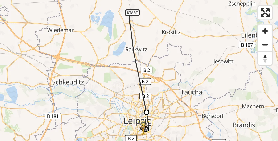 Flugroute Rettungshubschrauber Rackwitz - Leipzig University Hospital Heliport 1, 30 Mai 2026, 13:45