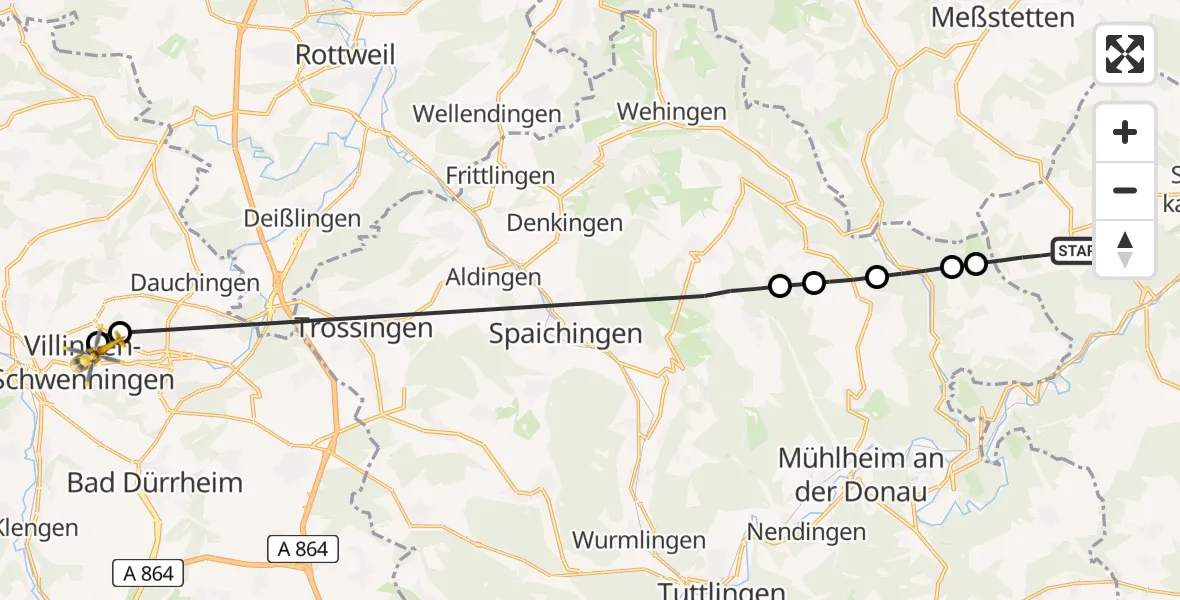 Flugroute Rettungshubschrauber Schwenningen - DRF Air Rescue Station Villingen-Schwenningen Hubschrauberlandeplatz (Christoph 11), 30 Mai 2026, 13:53
