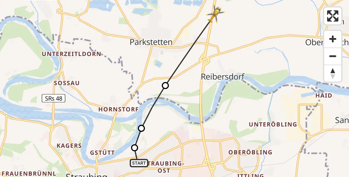 Flugroute Rettungshubschrauber Sankt Elisabeth Hospital Straubing - Parkstetten, 30 Mai 2026, 13:55