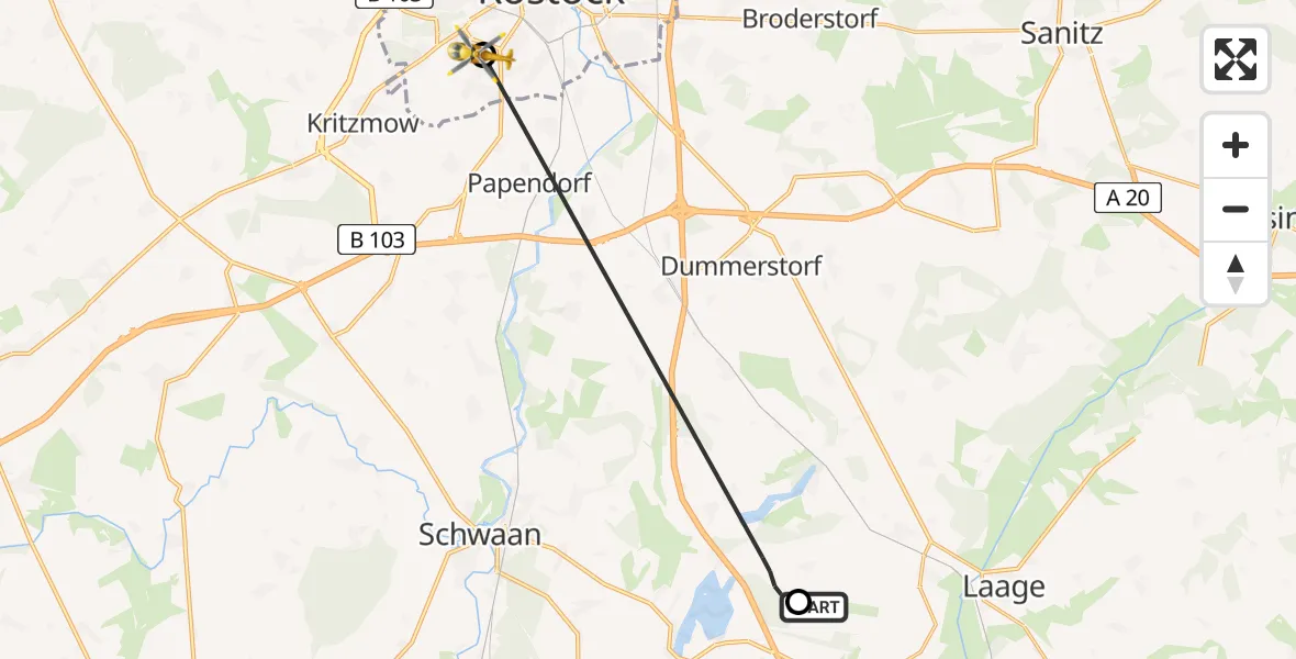 Flugroute Rettungshubschrauber Flughafen Rostock-Laage - Rostock, 30 Mai 2026, 13:56