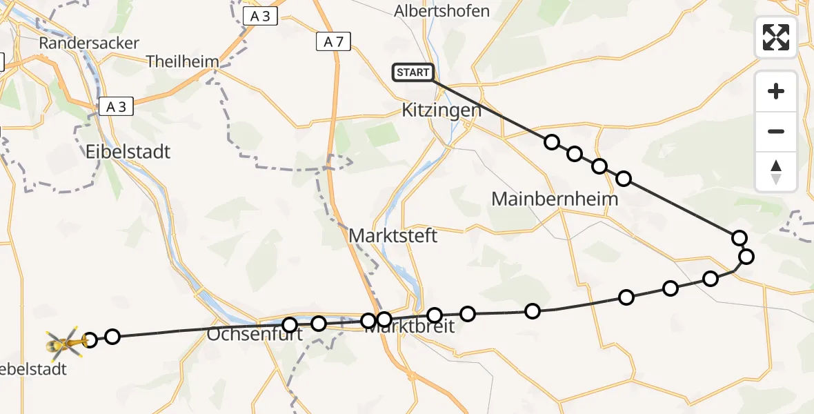 Flugroute Ambulanzhubschrauber Kitzingen - Giebelstadt, 30 Mai 2026, 14:03