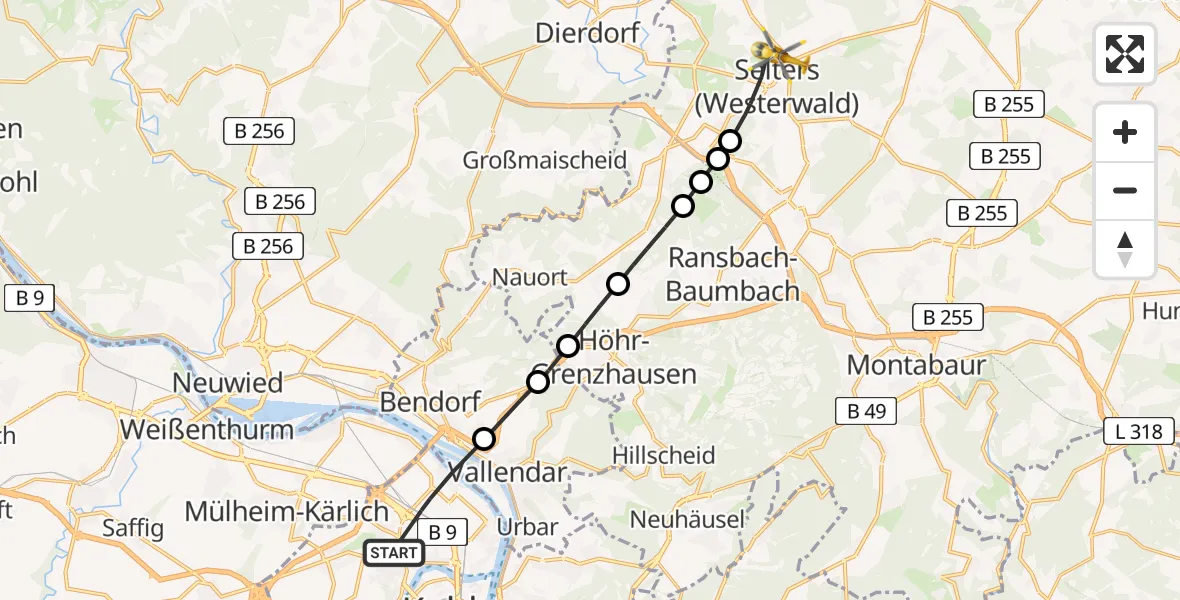 Flugroute Rettungshubschrauber Koblenz - Selters (Westerwald), 30 Mai 2026, 14:04