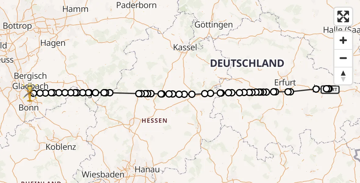 Flugroute Rettungshubschrauber Jena-Schöngleina Flugplatz - Köln Bonn Flughafen, 30 Mai 2026, 14:09