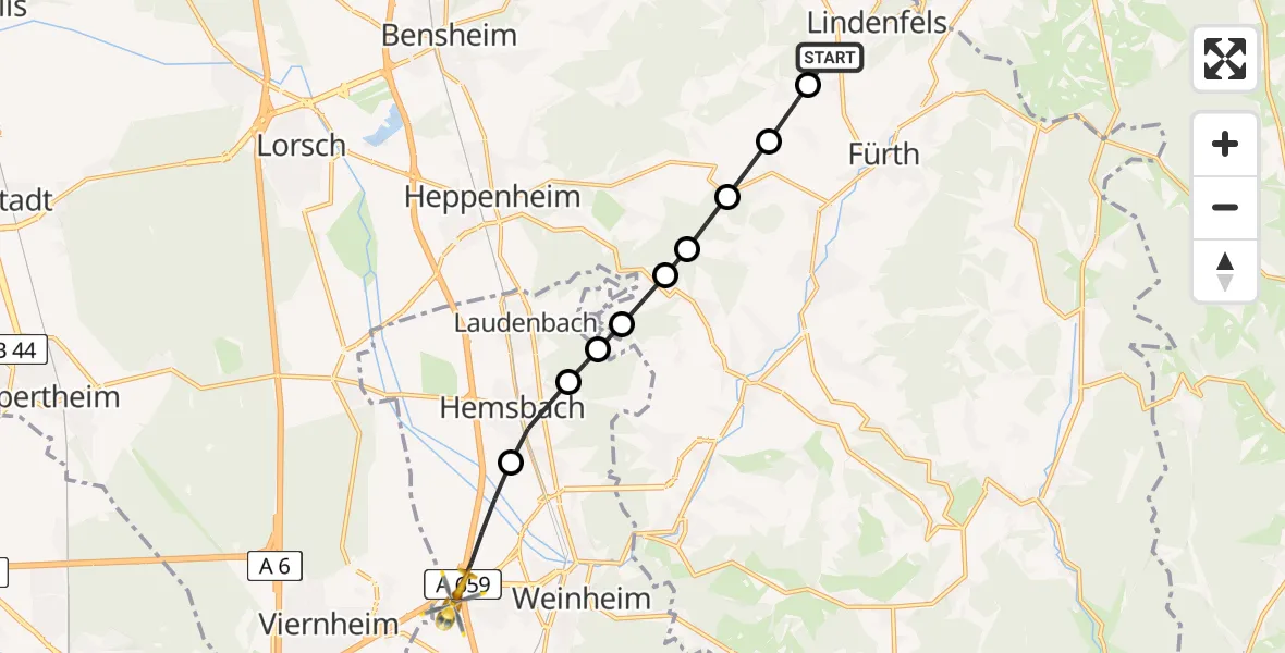 Flugroute Rettungshubschrauber Lindenfels - Weinheim, 30 Mai 2026, 14:10
