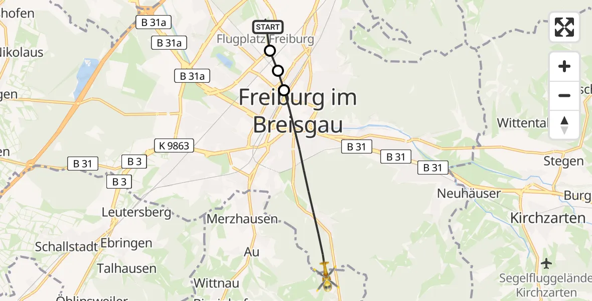 Flugroute Rettungshubschrauber Freiburg im Breisgau Flugplatz - Horben, 30 Mai 2026, 14:11