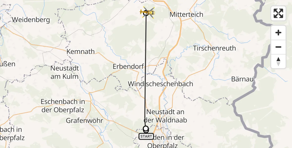 Flugroute Rettungshubschrauber Weiden i.d.OPf. - Waldershof, 30 Mai 2026, 14:13