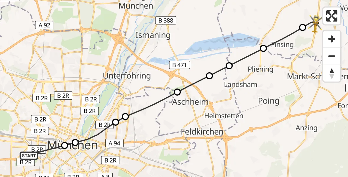 Flugroute Rettungshubschrauber München - Neuching, 30 Mai 2026, 14:23