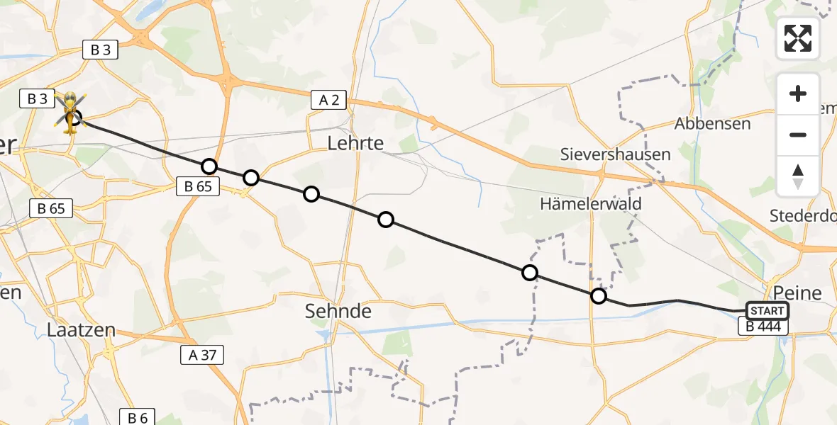 Flugroute Rettungshubschrauber Peine - Hannover Luftrettung Hubschrauberlandeplatz (Christoph 4), 30 Mai 2026, 14:23