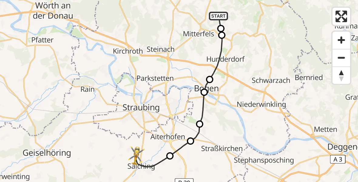 Flugroute Rettungshubschrauber Haselbach - Salching, 30 Mai 2026, 14:22