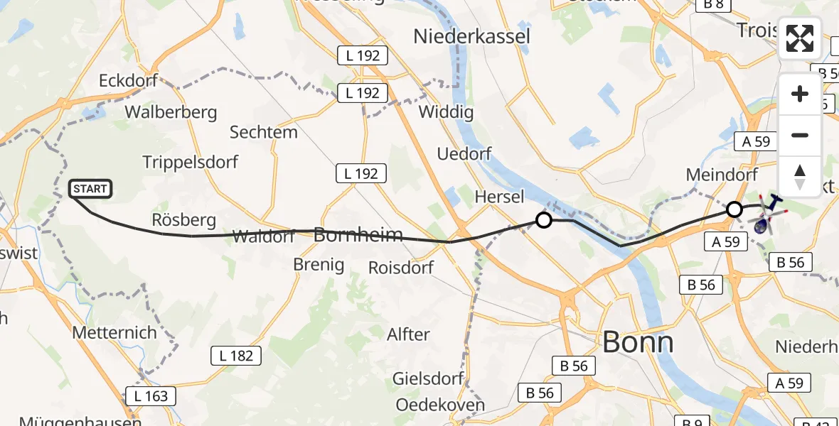 Flugroute Polizeihubschrauber Bornheim - Sankt Augustin, 30 Mai 2026, 14:39