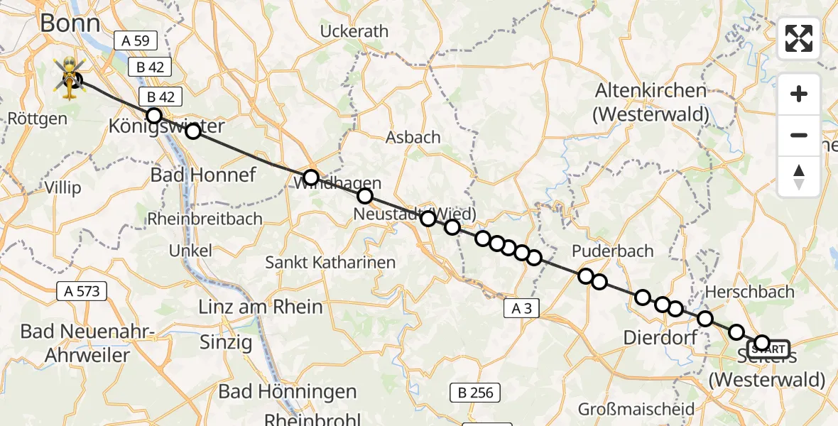Flugroute Rettungshubschrauber Selters (Westerwald) - Bonn University Hospital, 30 Mai 2026, 14:41
