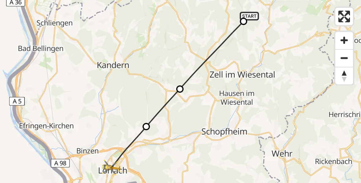 Flugroute Rettungshubschrauber Fröhnd - Lörrach, 30 Mai 2026, 14:42