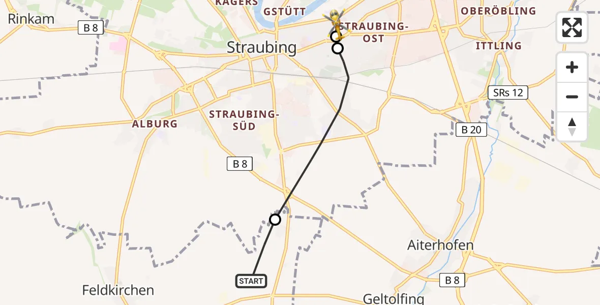 Flugroute Rettungshubschrauber Feldkirchen - Sankt Elisabeth Hospital Straubing, 30 Mai 2026, 14:46