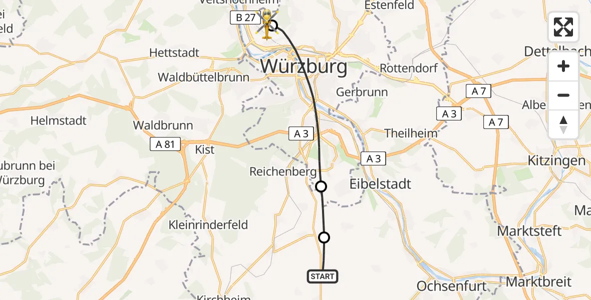 Flugroute Ambulanzhubschrauber Giebelstadt - Würzburg-Schenkenturm Flugplatz, 30 Mai 2026, 14:50