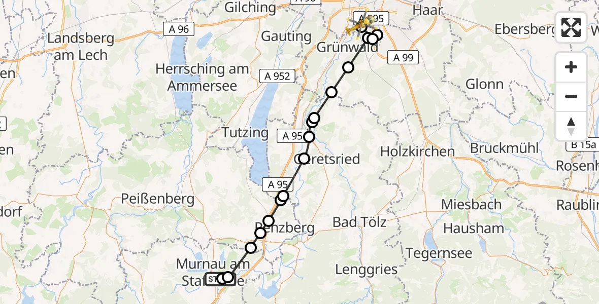 Flugroute Rettungshubschrauber Murnau Accident Hospital - ADAC Air Rescue Center Hubschrauberlandeplatz (Christoph 1), 30 Mai 2026, 14:51