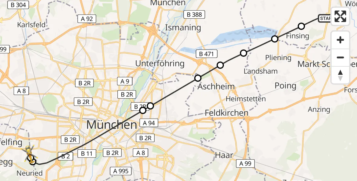Flugroute Rettungshubschrauber Neuching - DRF Air Rescue München Hubschrauberlandeplatz, 30 Mai 2026, 14:52