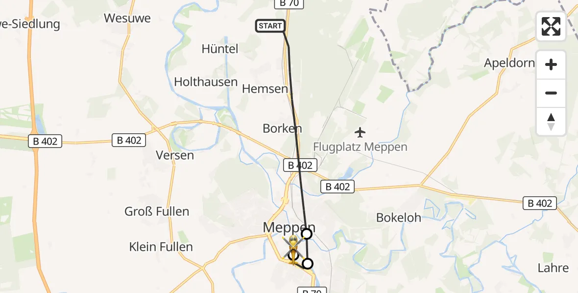 Flugroute Ambulanzhubschrauber Meppen - Meppen Ludmillenstift Hospital, 30 Mai 2026, 14:53