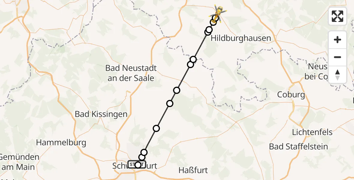 Flugroute Rettungshubschrauber Leopoldina Schweinfurt City Hospital - Themar, 30 Mai 2026, 14:54
