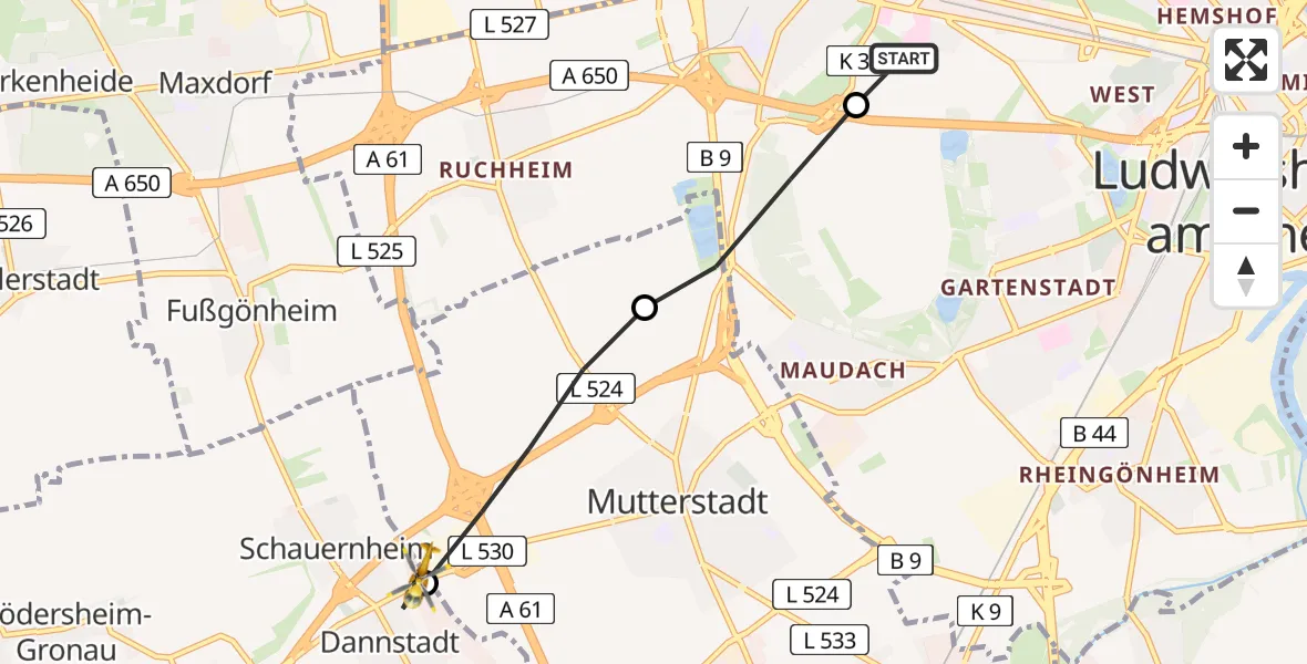 Flugroute Rettungshubschrauber Ludwigshafen Accident Hospital - Dannstadt-Schauernheim, 30 Mai 2026, 14:54
