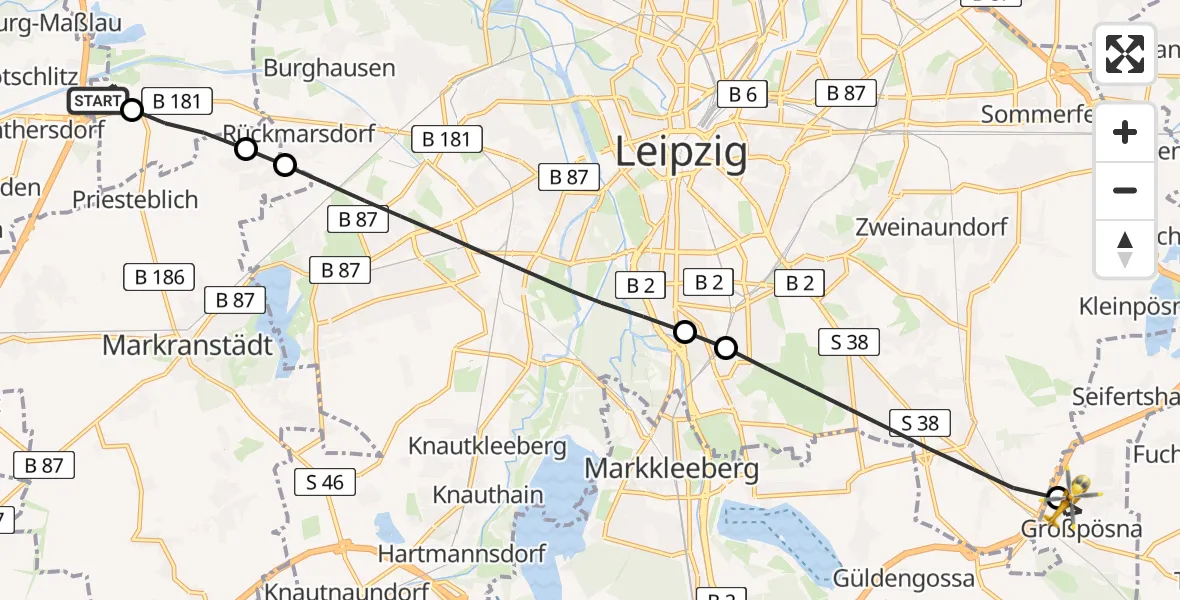 Flugroute Rettungshubschrauber ADAC Air Rescue Station Leipzig/Schkeuditz-Dölzig Hubschrauberlandeplatz (Christoph 61) - Großpösna, 30 Mai 2026, 14:56