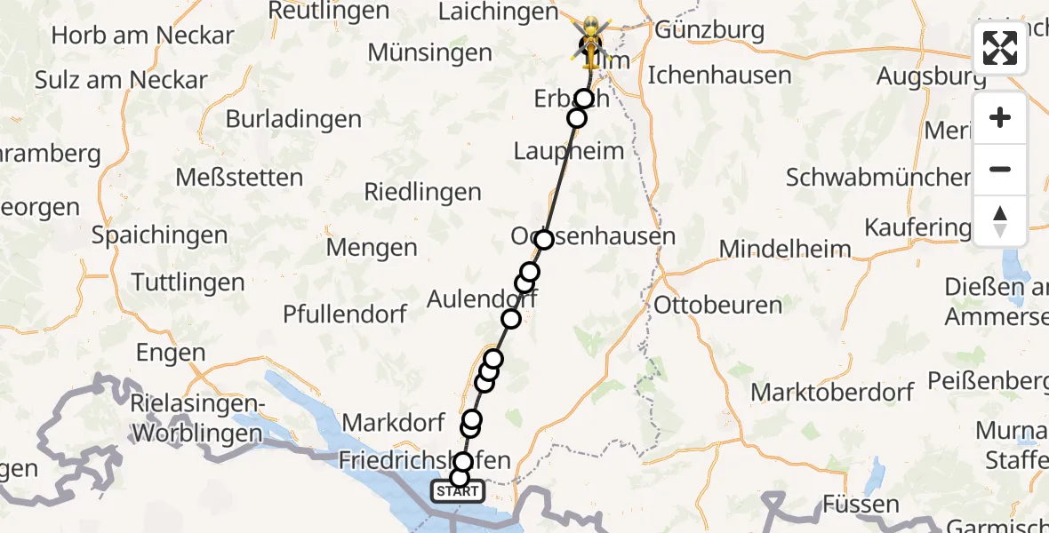 Flugroute Rettungshubschrauber Kressbronn am Bodensee - ADAC Air Rescue Station Ulm (Christoph 22), 30 Mai 2026, 14:56