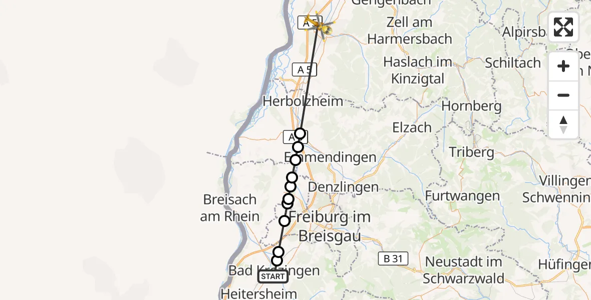 Flugroute Rettungshubschrauber Bad Krozingen - Lahr Flughafen, 30 Mai 2026, 15:03