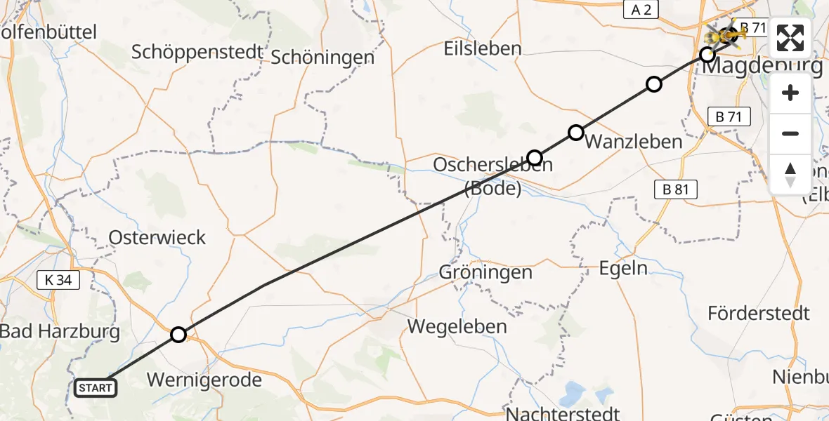Flugroute Rettungshubschrauber Ilsenburg (Harz) - Magdeburg Hospital, 30 Mai 2026, 15:06