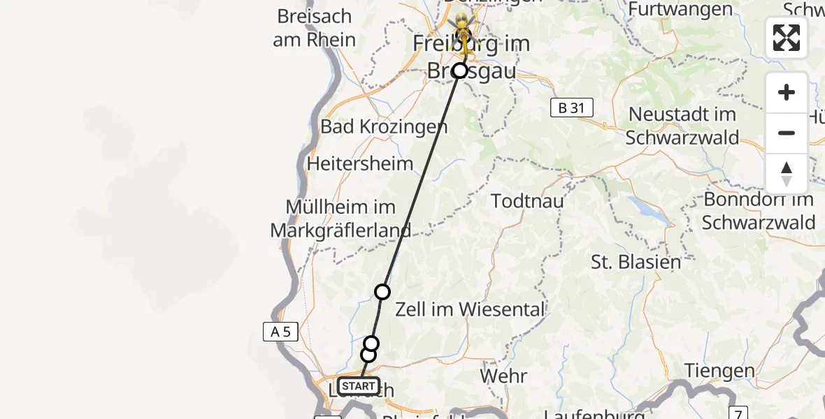 Flugroute Rettungshubschrauber Lörrach - Freiburg im Breisgau Flugplatz, 30 Mai 2026, 15:06