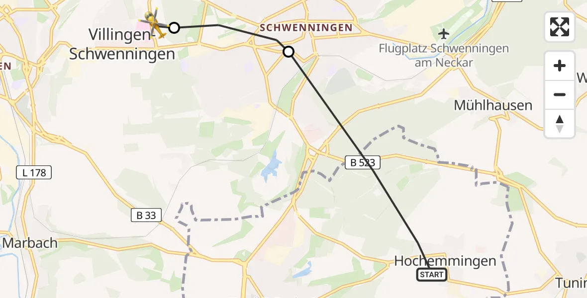 Flugroute Ambulanzhubschrauber Bad Dürrheim - DRF Air Rescue Station Villingen-Schwenningen Hubschrauberlandeplatz (Christoph 11), 30 Mai 2026, 15:19
