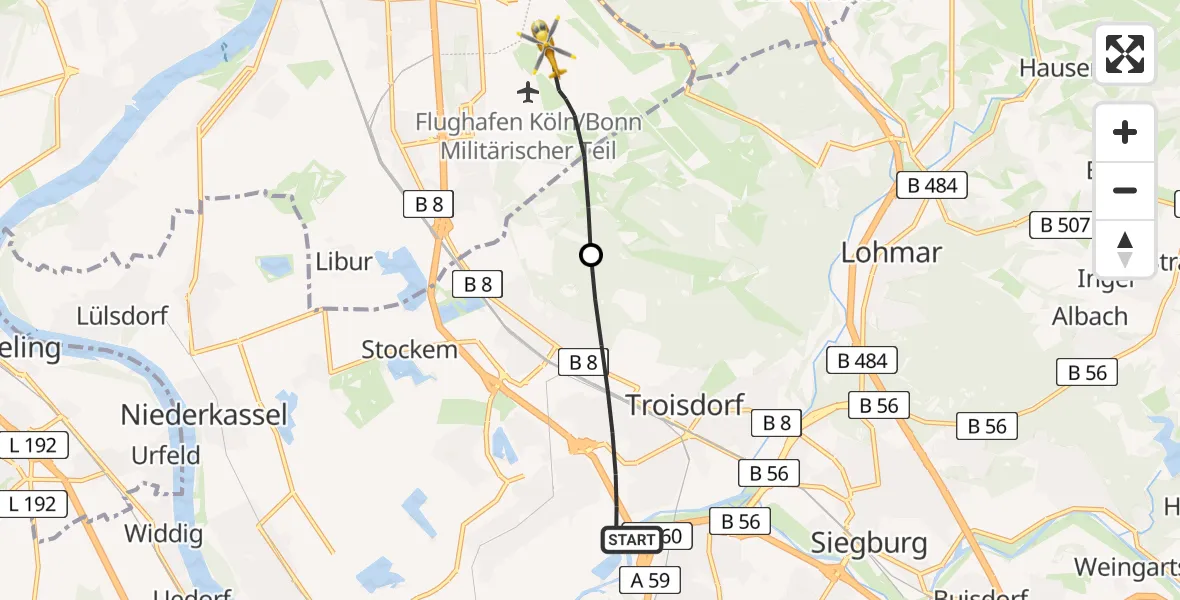 Flugroute Rettungshubschrauber Troisdorf - Köln Bonn Flughafen, 30 Mai 2026, 15:19