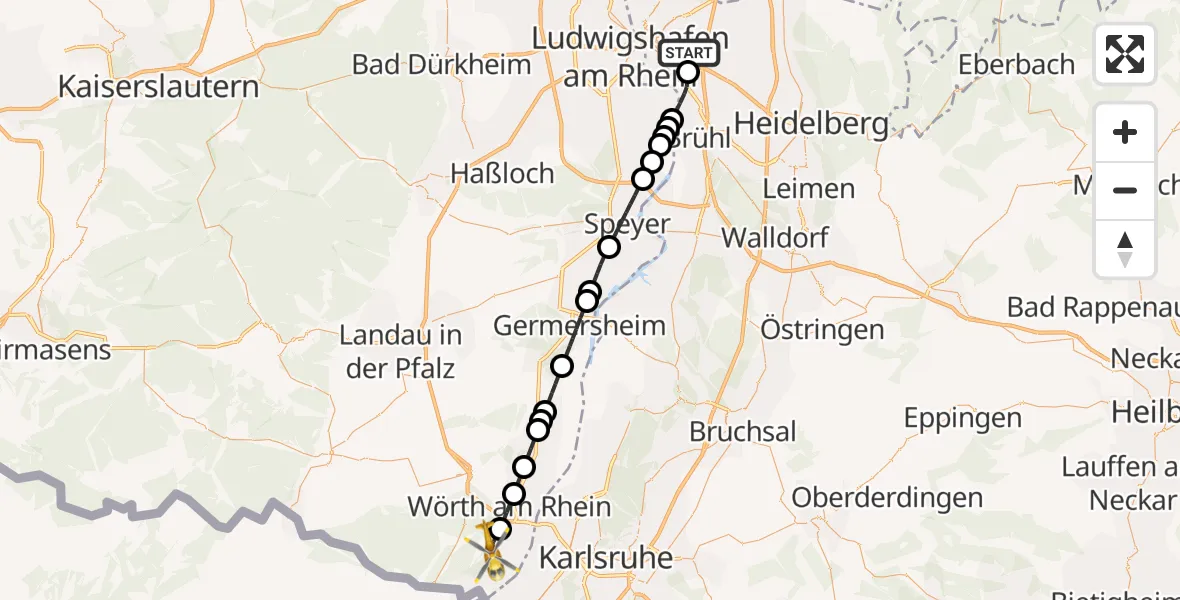 Flugroute Rettungshubschrauber Mannheim-City Flughafen - Hagenbach, 30 Mai 2026, 15:22